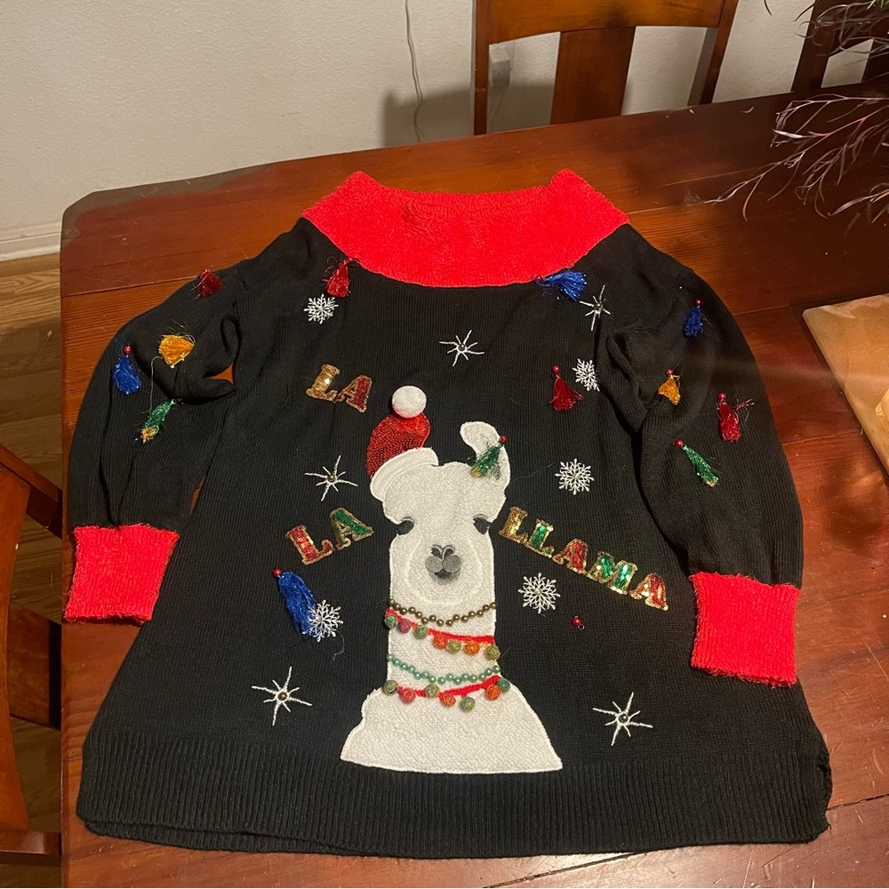 HOLIDAY TIME BLk. Ugly Christmas Sweater LA LA Lama Pom Poms Women’s Size XL
